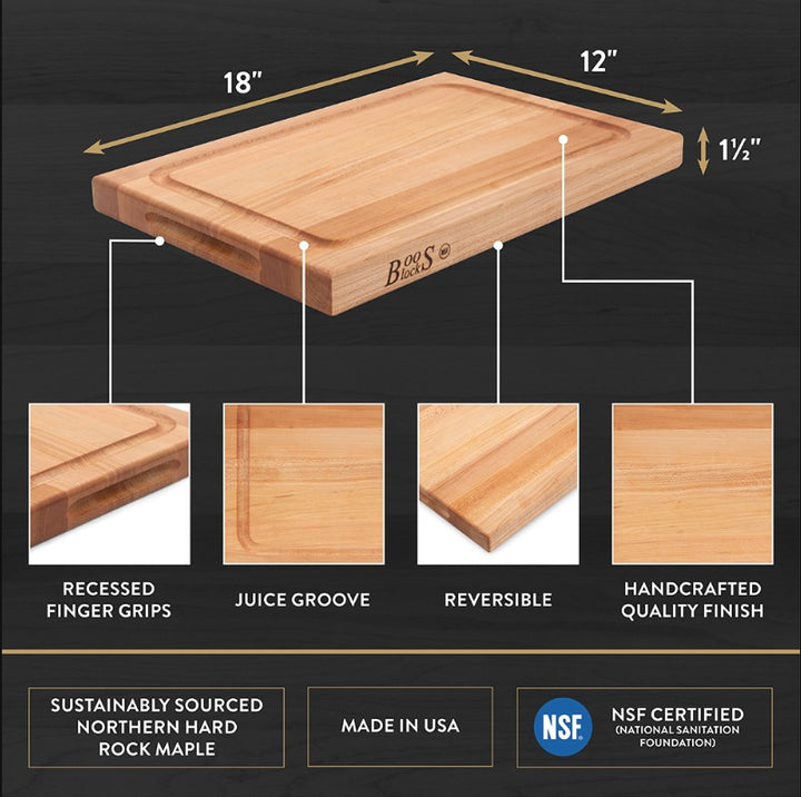 John Boos Maple BBQ Cutting Board with Juice Groove 1-1/2" Thick 18 x 12 x 1.5